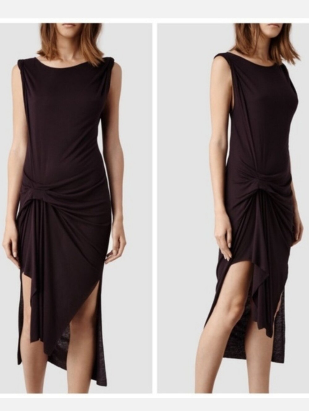 All Saints Riviera Tavi Jersey Black Dress Size 4 USA Draped Asymmetrical Slim